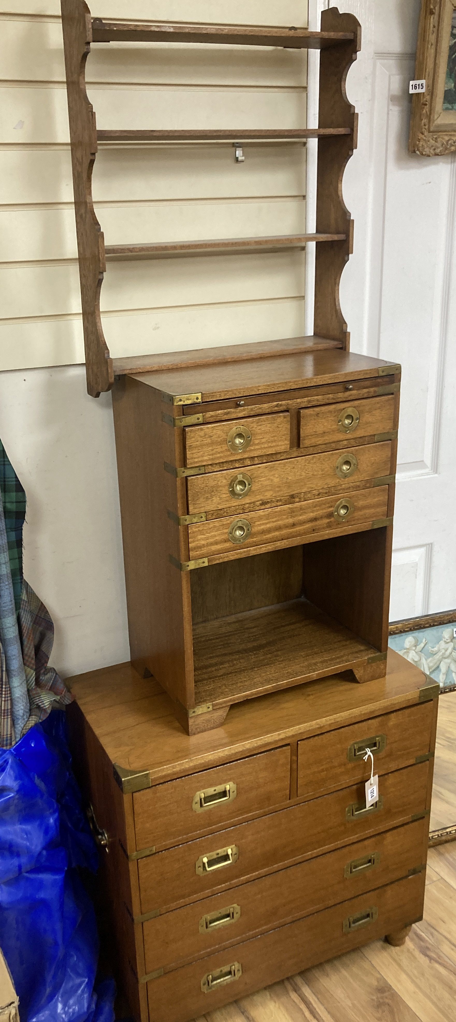 Two reproduction military-style chests, larger width 68cm, depth 38cm, height 69cm together with an oak wall bracket